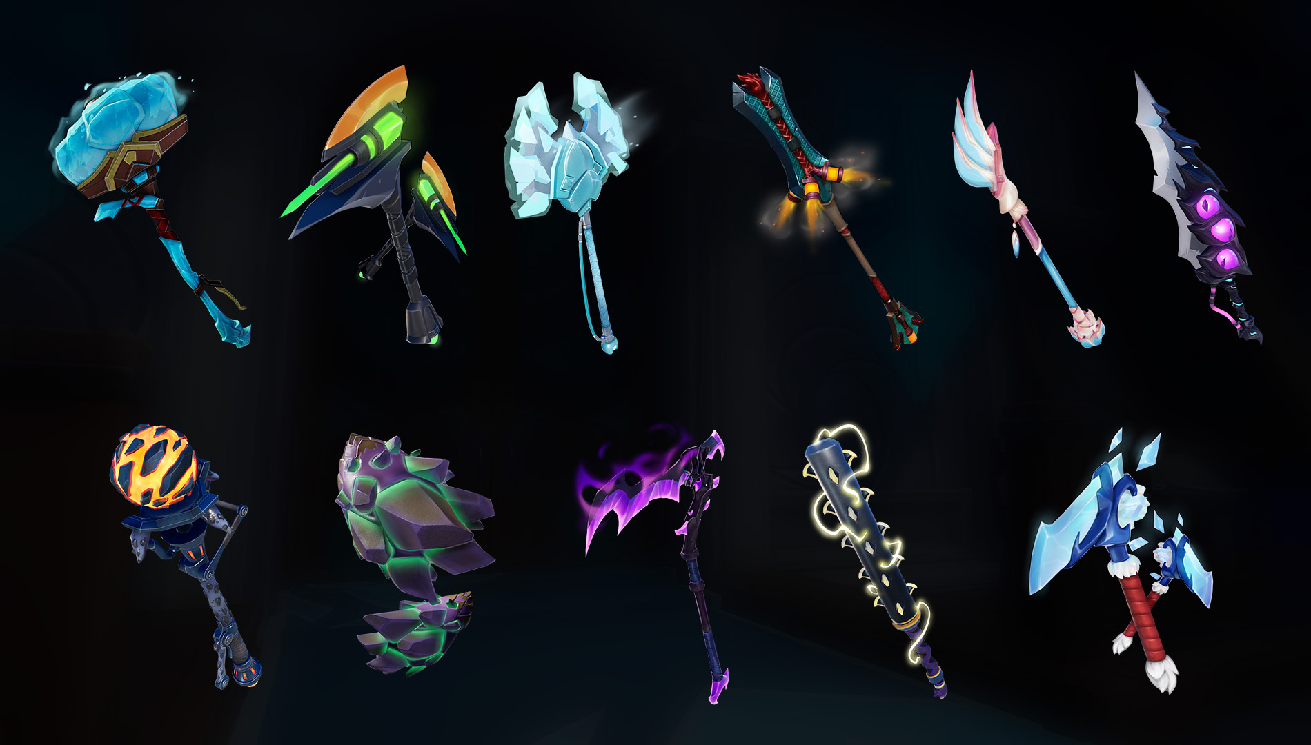 Beauty shots of eleven distinct weapons in Dauntless