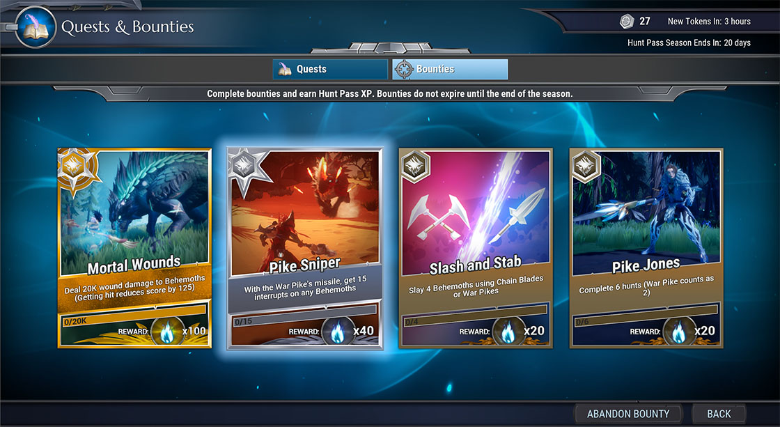 A Bounty screen with active gold, silver, and bronze cards.