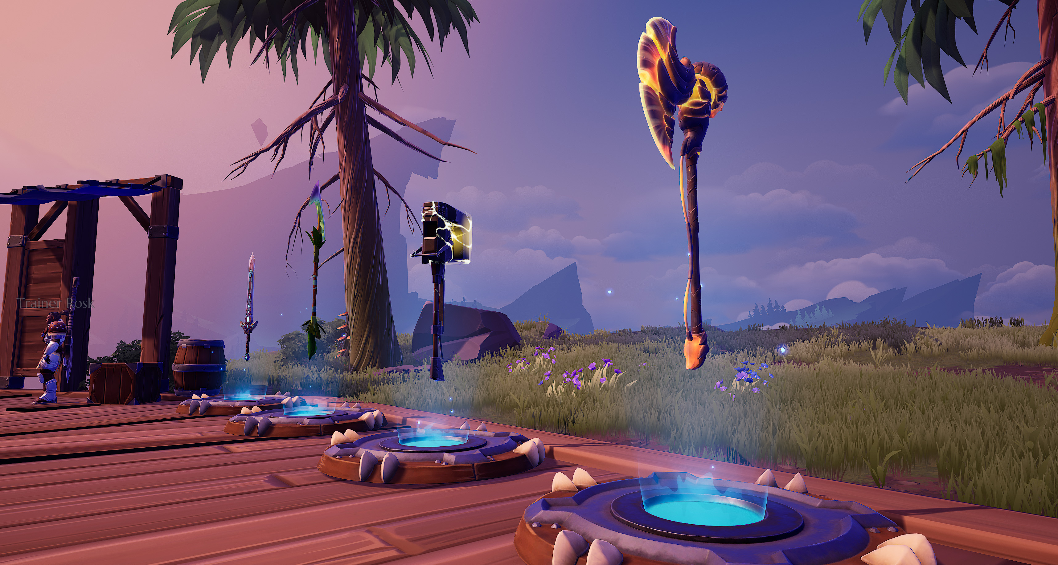 Four weapons from Dauntless, on display in the Training Grounds