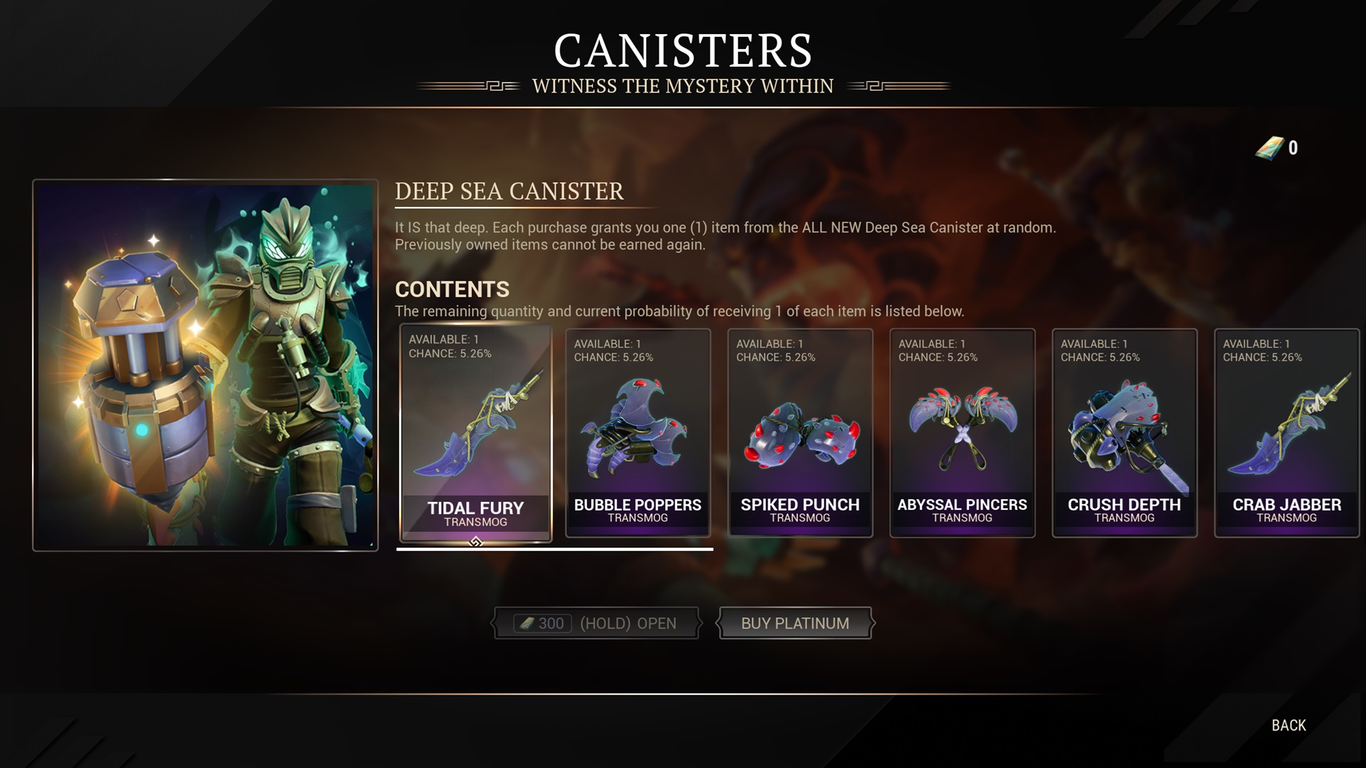 A screenshot detailing the contents and odds associated with the Deep Sea canister in Dauntless