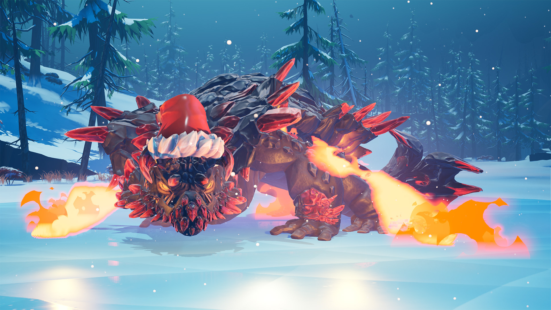 A variant Charrogg Behemoth, emitting flames, and wearing a seasonal hat