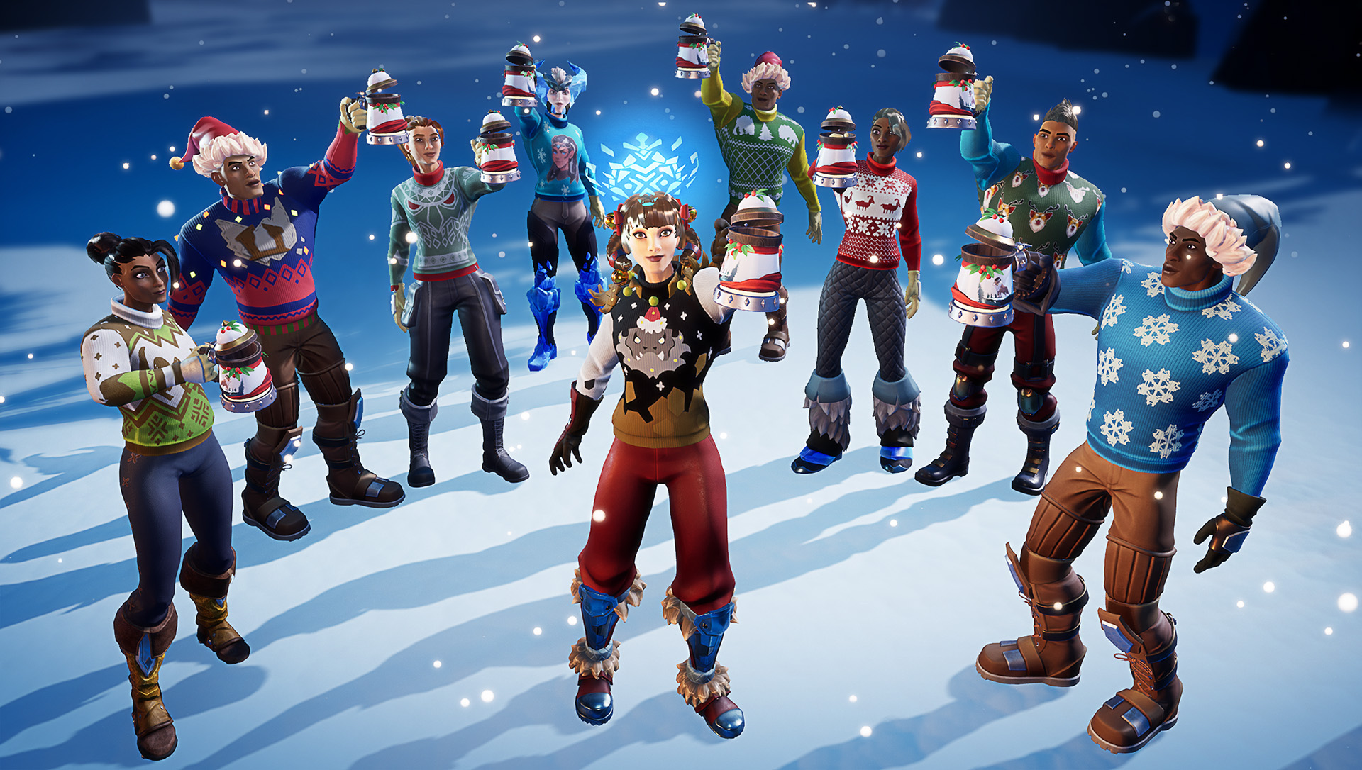 Nine Slayers, wearing seasonal Frostfall sweaters, raising a toast to each other and the player.