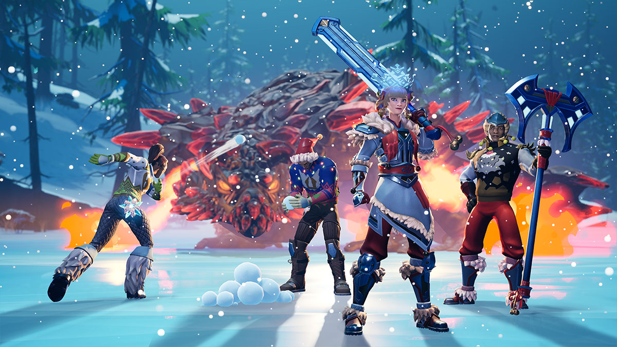 Four slayers, wearing seasonal Frostfall armours and outfits, standing on an icy field. One is throwing a snowball at a Charrogg variant.