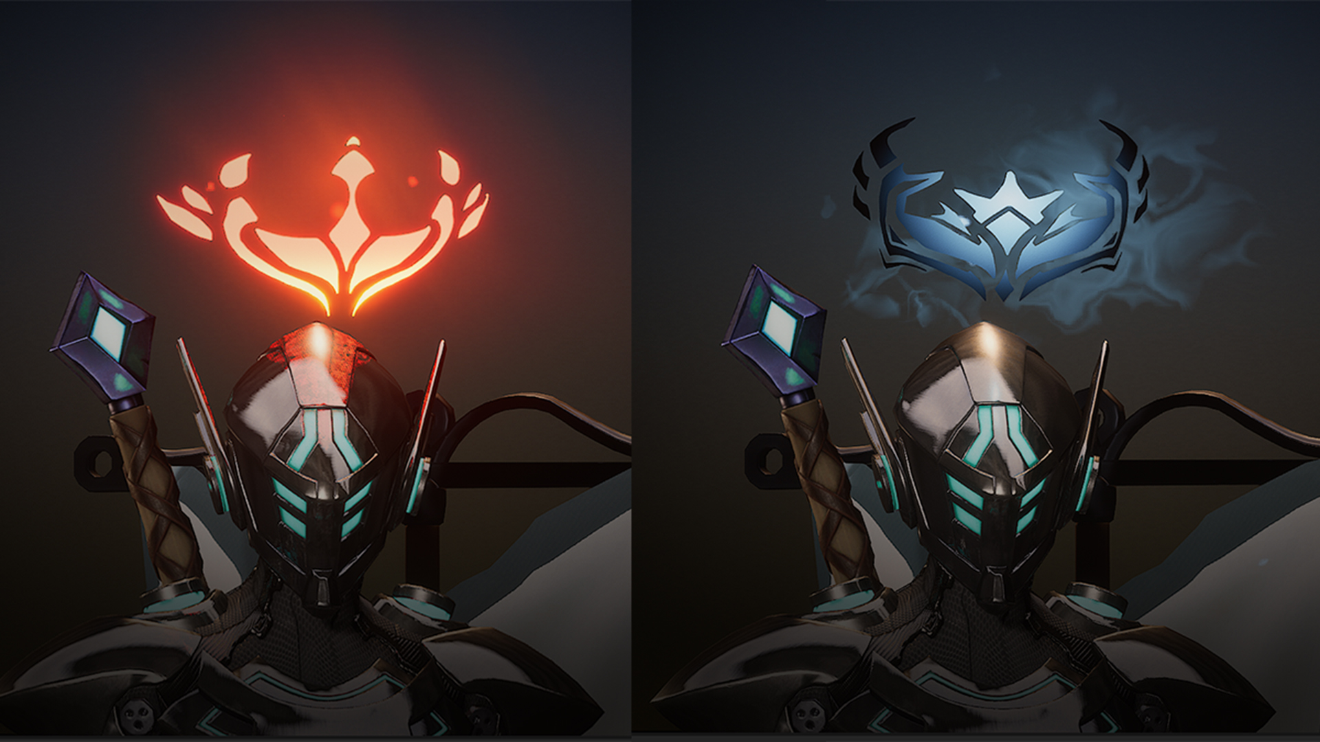 Two Slayers, dressed in armour, modelling new Crowns in Dauntless